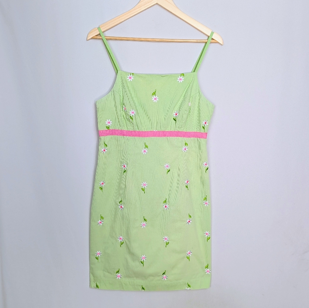 Vintage Lilly Pulitzer Green Daisy Embroidered Cotton Sundress